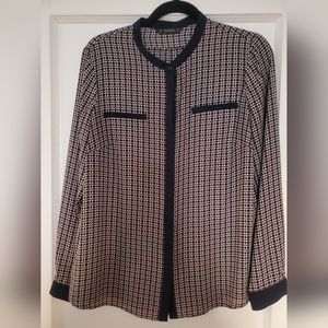 Navy and red patterned long sleeve blouse
